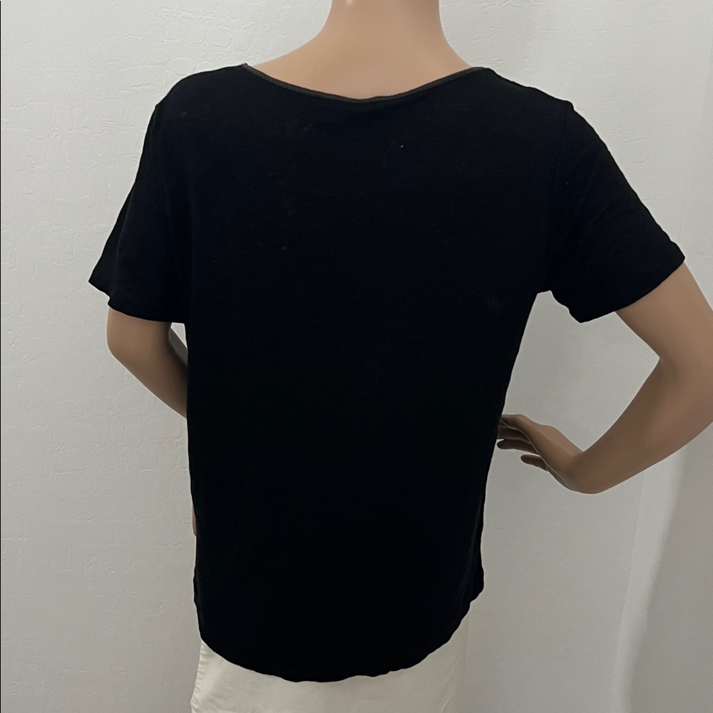 Vince Women’s Black Short-Sleeve Top with Leather-Trimmed Neckline - Size L - Picture 2 of 9